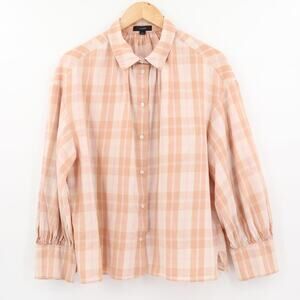 J. Crew Sz L Featherweight Flannel Plaid Button Down Blouse Peach Puff Sleeve